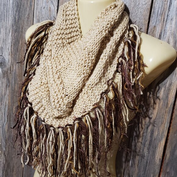 NEW Hand Knitted Beige Brown Infinity Boho Cowl Scarf Fringe Handmade Knit Gift - Picture 1 of 8